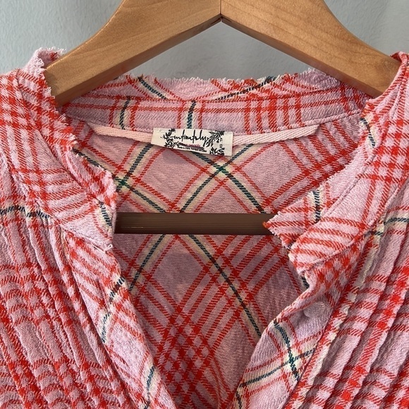 Free people distressed plaid button up tunic dress oversized xs - Picture 7 of 9